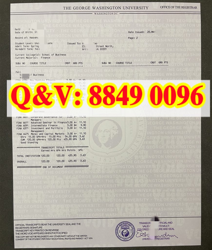 乔治华盛顿大学金融学本科两页成套官方成绩单实拍解析(images 2)
