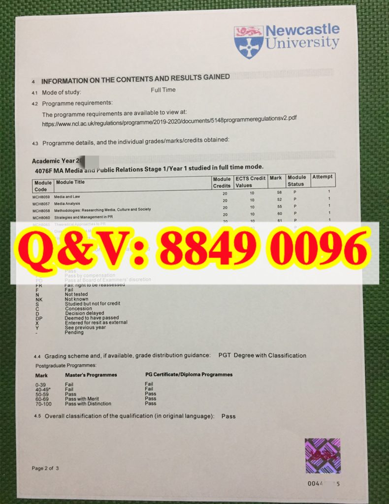 纽卡斯尔大学成绩单传媒公关 MA 文凭补充报告第 2 页|2019-2020 原版学分成绩页(images 1)