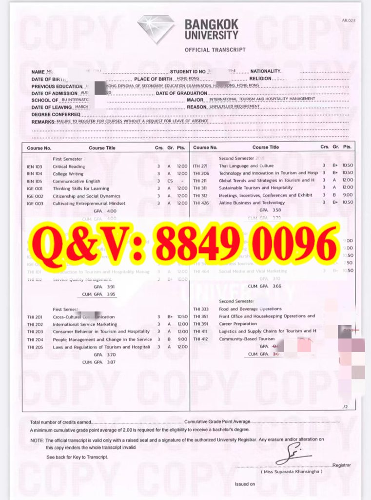 实拍泰国曼谷大学 BU 国际旅游与酒店管理本科成绩单副本,全域 COPY 副本水印,六学期完整文旅专业学分绩点记录,注册处主管手写签名,泰国私立大学旅游管理学业档案样本。