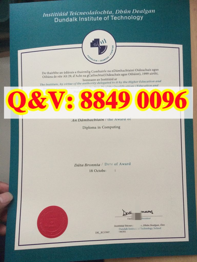 实拍爱尔兰唐道克理工 DIT 计算机 Diploma 双语文凭证书，深绿色双层衬边，盖尔语英语双语文书，居中校徽，左下角红色凹凸钢印、校长手写签名，爱尔兰公立理工专科原版资质样本。