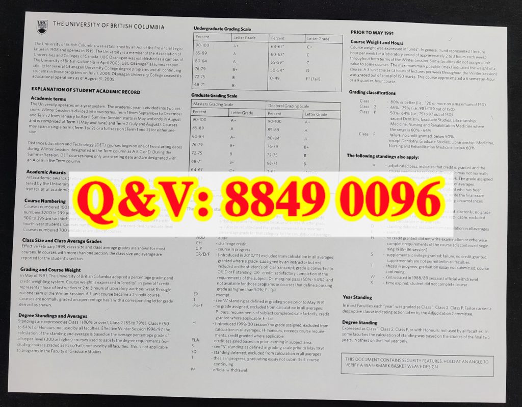 加拿大英属哥伦比亚大学 University of British Columbia UBC 心理学文学学士 BA 本科官方成绩单 Transcript of Academic Record 全页蓝色细密安全防伪水印特种底纸左上角标准 UBC 盾形院校校徽表头三大法定信息分区完整课程百分制分数字母等级 3 学分表格右上角注册官 Registrar 原生手写防伪签字中部半透明 UBC 校徽浮雕水印加拿大 BC 省顶尖公立大学心理学本科法定配套学业记录高清原厂工艺实拍解析（images 2）