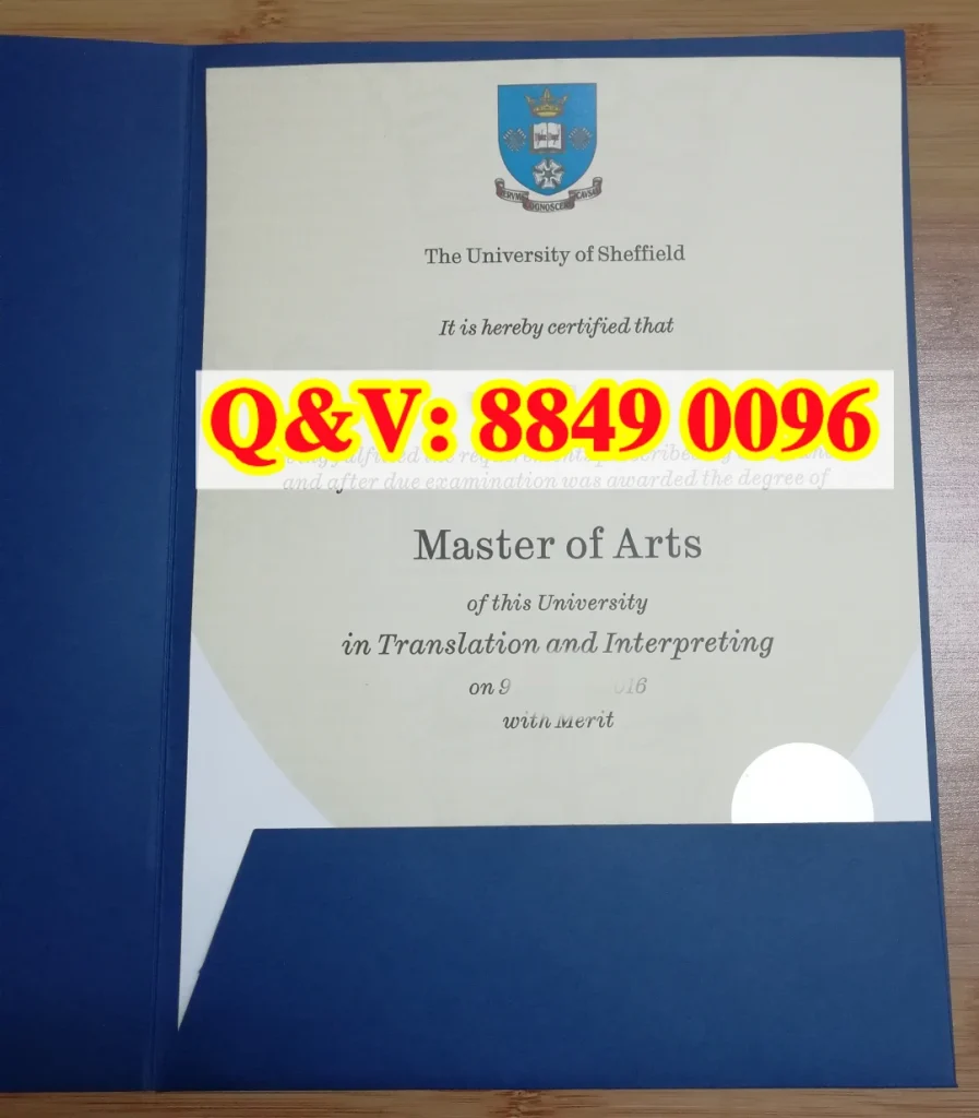 实拍英国谢菲尔德大学 The University of Sheffield MA Translation and Interpreting 翻译与口译文学硕士 Merit 良好等次官方原版学位证书,顶部皇冠书本雪花盾形校徽;文学硕士学位、翻译与口译专业、With Merit 良好等次、底部副校长、校秘书长双原生手写签名,右侧圆形银色全息镭射防伪标;适配英国翻译口译硕士留服认证核心主证材料、国内翻译公司 / 外事机构 / 高校外语岗校招学历核验、英美应用语言学翻译类博士升学前置学历佐证、留学机构英国语言学硕士 Merit 等次学位证样本素材。