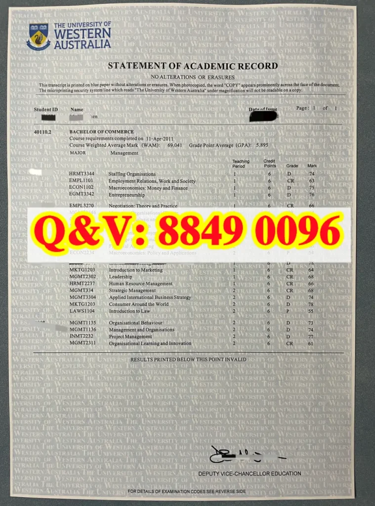 UWA 本科官方成绩单，西澳大学商学士管理全套成绩单，The University of Western Australia Statement of Academic Record, 澳洲商科管理本科成绩证明