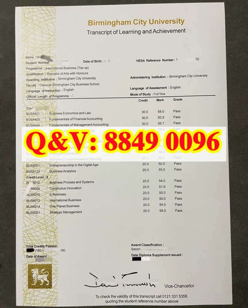 伯明翰城市大学国际商务专升本全套学历文件,伯明翰城市大学成绩单