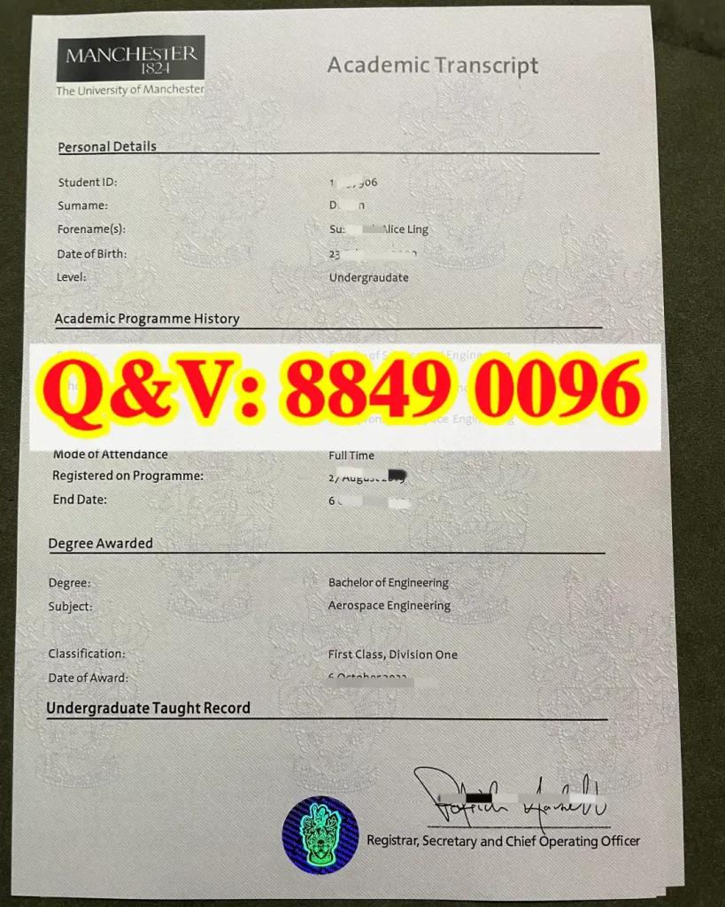 英国曼彻斯特大学航空工程一等荣誉学士全套两页官方 Academic Transcript 成绩单实拍，英国航空工科本科完整学业记录样本，用于境外航空留学学历、留服认证配套材料、航空研发岗求职科普参考