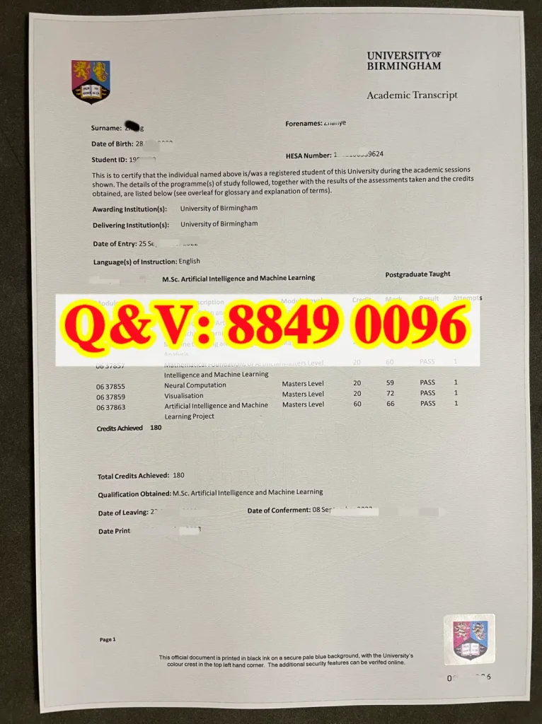 伯明翰大学 AI 硕士成绩单,Birmingham MSc Artificial Intelligence transcript, 英国人工智能硕士留服认证材料,计算机算法岗留学硕士学业证明,英国硕士成绩单补办流程,境外计算机硕士国内博士申请配套材料
