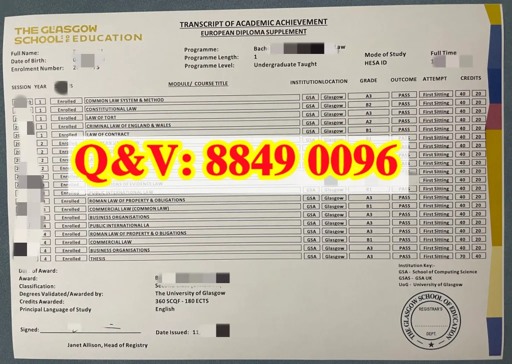 格拉斯哥大学法学本科成绩单,Glasgow LLB Common Law transcript, 英国法学本科留服认证材料,涉外律所留学法学生学业证明,英国本科成绩单补办流程,境外法学本科国内法考配套材料,国际法方向硕博申请成绩单样本