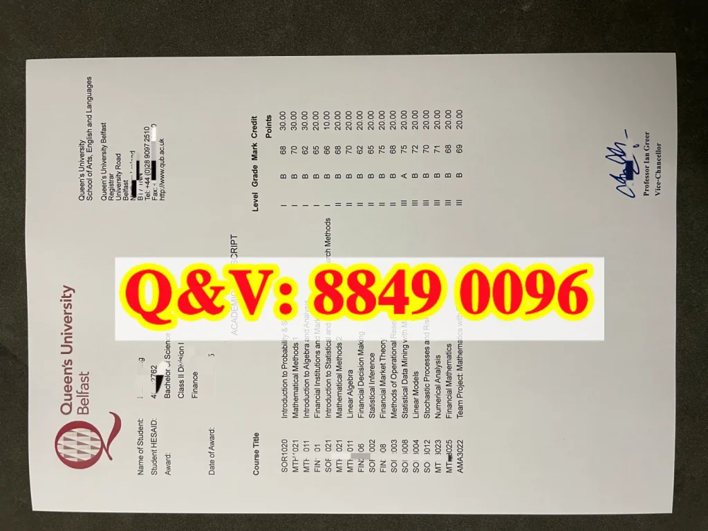 贝尔法斯特女王大学金融学成绩单,QUB BSc Finance transcript, 英国数理金融本科学业证明,境外金融本科留服认证配套材料,英国本科成绩单补办,量化金融方向留学本科成绩单样本