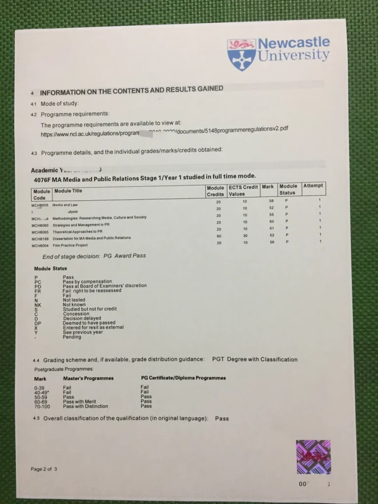 纽卡斯尔大学传媒硕士 HEAR 成绩单课程分数明细页面
