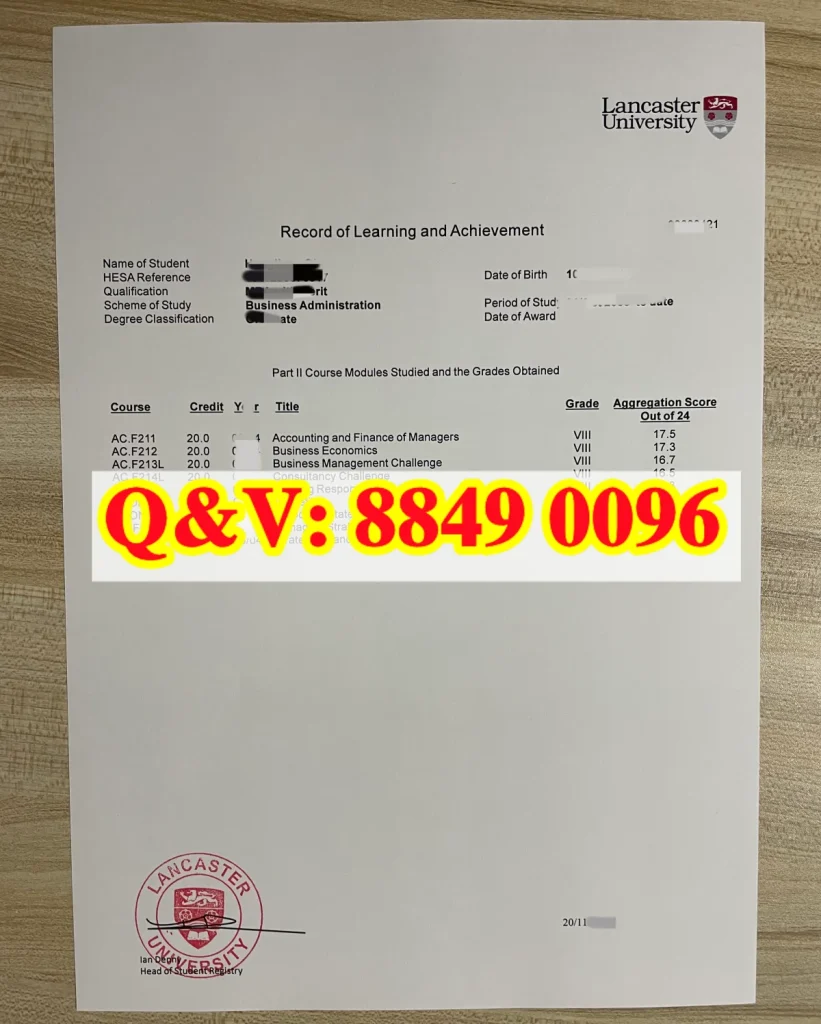 英国兰卡斯特大学成绩单样本,Lancaster University transcript