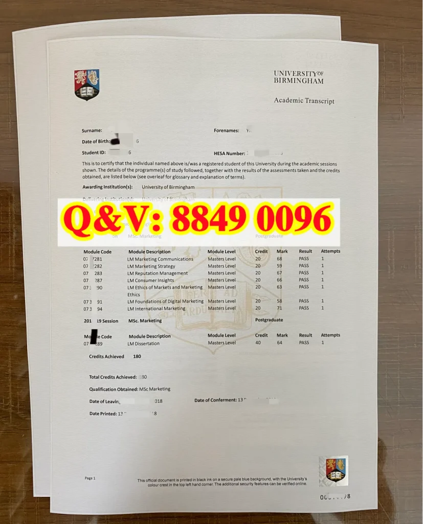 伯明翰大学成绩单，伯明翰大学硕士成绩单样本