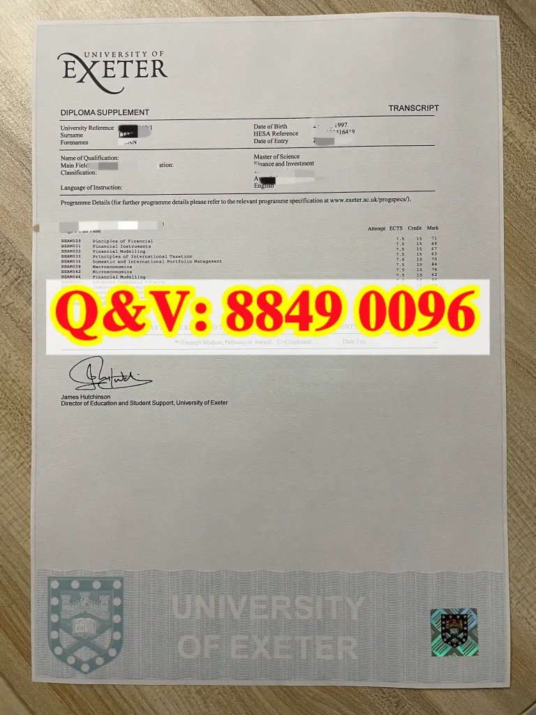 新版本英国埃克塞特大学成绩单实拍，University of Exeter transcript