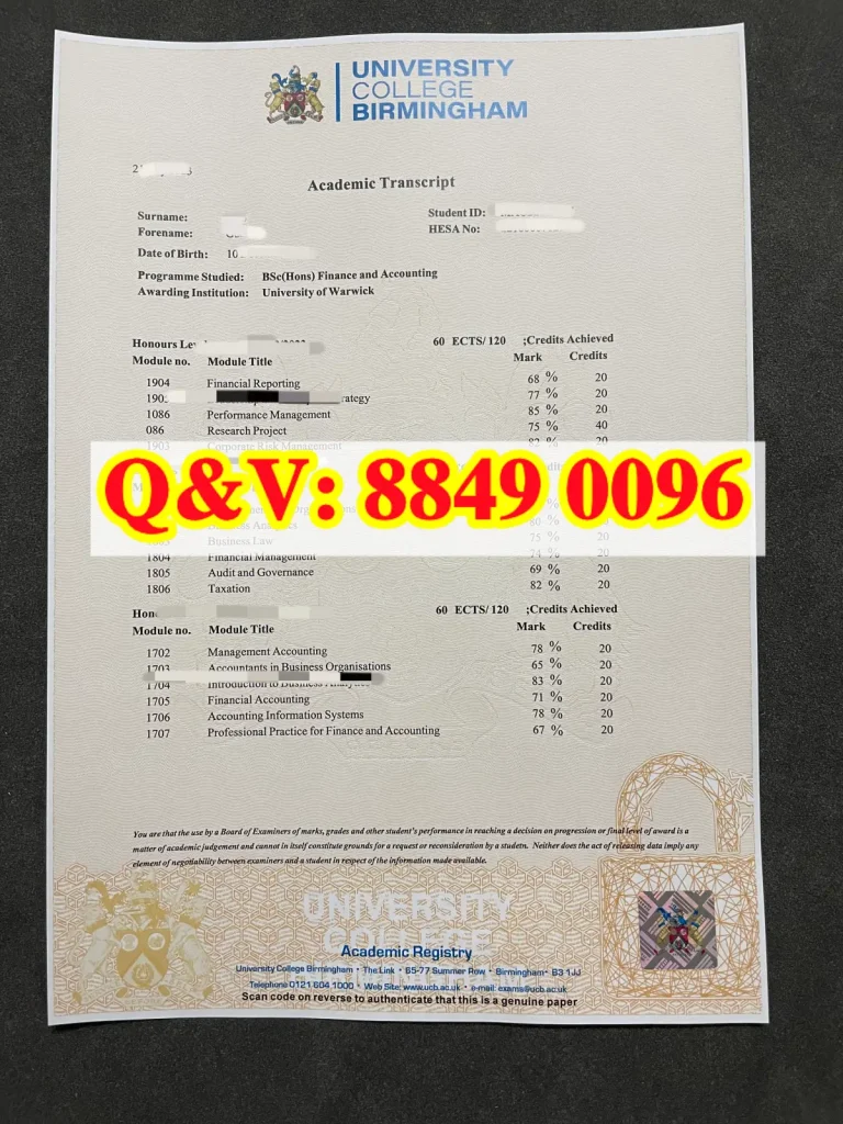 实拍英国伯明翰大学学院成绩单university college birmingham transcript