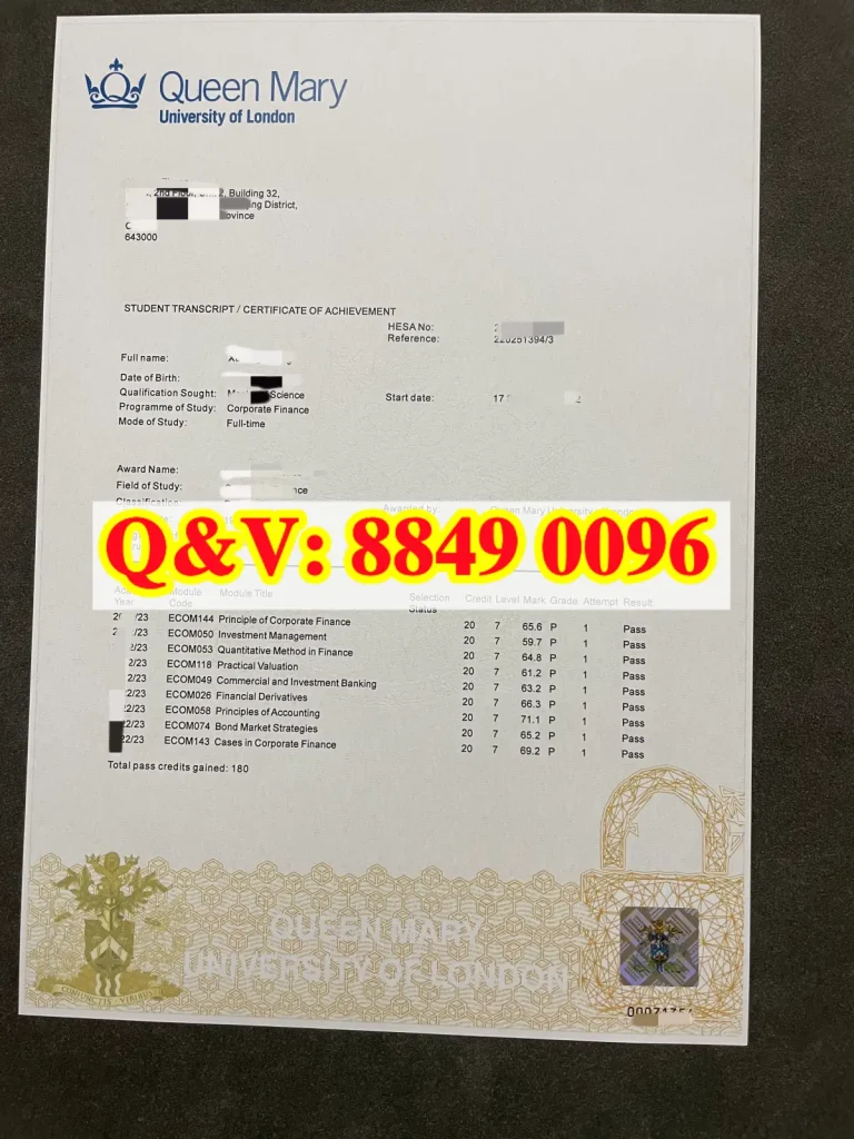 伦敦玛丽女王大学成绩单，Queen Mary University of London transcript