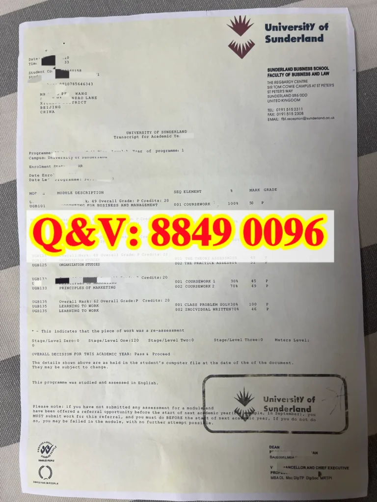 实拍英国桑德兰大学成绩单，University of Sunderland transcript，桑德兰大学成绩单模版，桑德兰大学成绩单学分修改