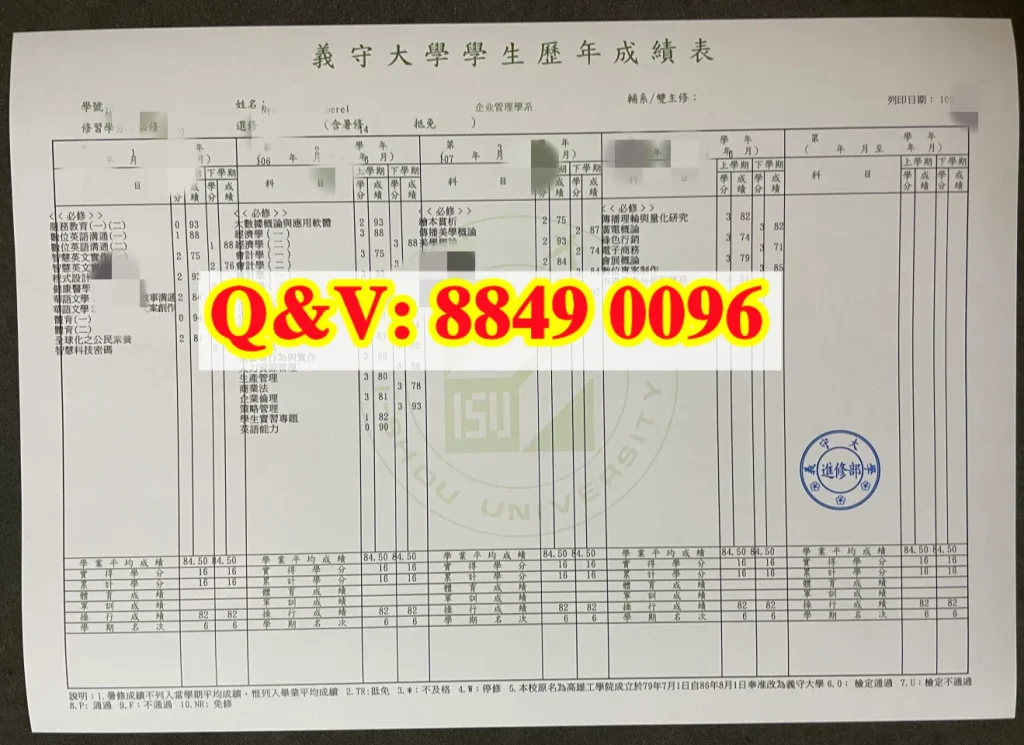 实拍中国台湾义守大学(I-Shou University)企业管理学系本科原版历年成绩单,竖版课程成绩表格版式、教务处红色校章;修业学分 80,含各学期必修 / 选修课程、学期成绩、平均成绩及台湾地区大学评分规则说明;适配台湾地区本科背景核验、海外研究生申请前置学历材料、台籍人才就业履历佐证、义守大学本科成绩单样本素材。