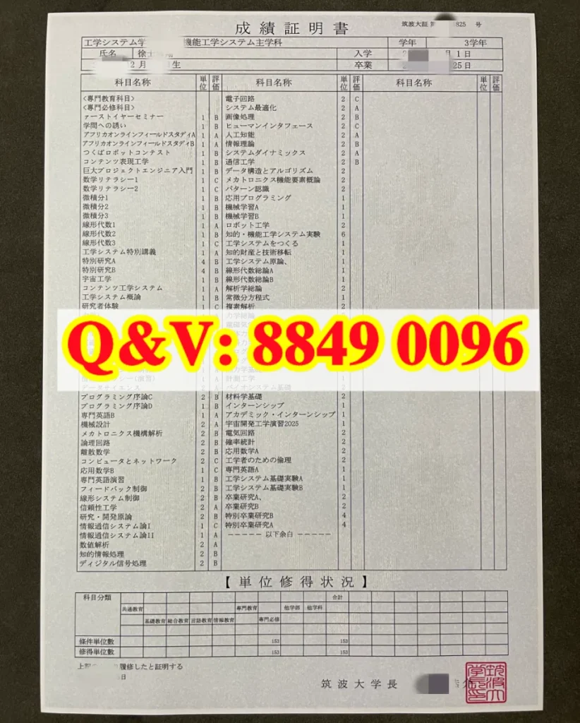 实拍日本筑波大学(University of Tsukuba)原版本科成绩证明书,日文原版版式、校方红色校印、校长署名;所属工学系统学知识・机能工学系统专业,3 学年,修得总学分 153 学分;适配日本学历背景核验、留学履历佐证、研究生升学、求职 / 签证手续素材。