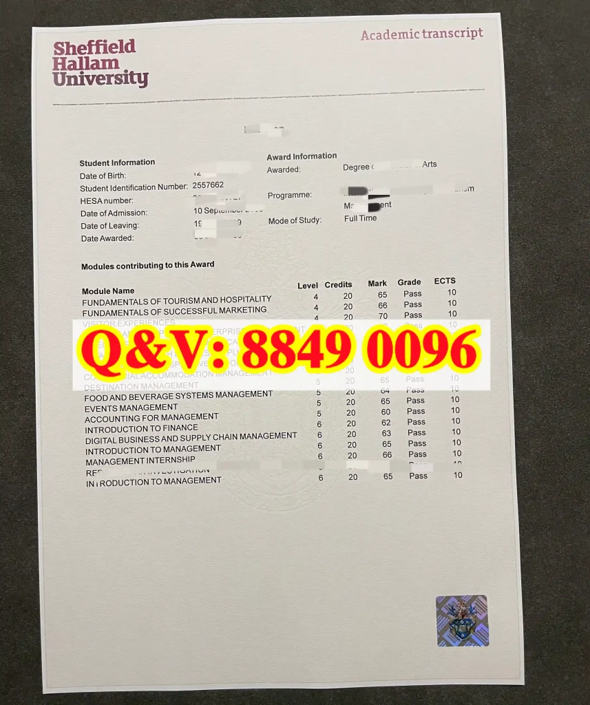英国谢菲尔德哈勒姆大学成绩单实拍图，Sheffield Hallam University transcript，谢菲尔德哈勒姆大学成绩单模版，谢菲尔德哈勒姆大学成绩单样式