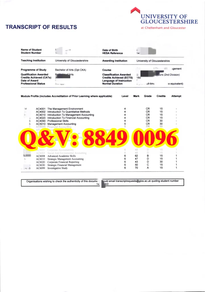 英国格鲁斯特大学成绩单University of Gloucestershire bachelor transcript