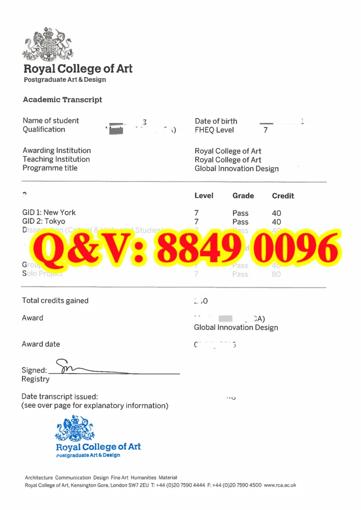 英国皇家艺术学院成绩单Royal College of Art transcript