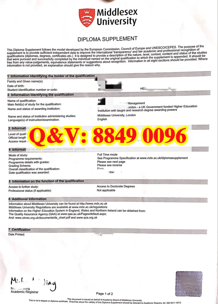 本次文件为英国密德萨斯大学(Middlesex University)出具的文凭补充说明(Diploma Supplement),属于欧洲博洛尼亚高等教育体系标准化配套文书,不可单独等同于学位证书,需搭配学位证、成绩单共同使用,是留学学历认证、海外求职、升学深造的核心辅助材料。
