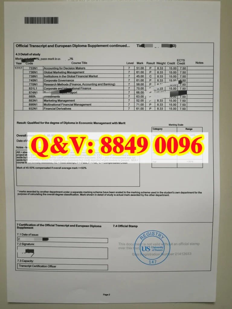 实拍萨塞克斯大学成绩单,萨塞克斯大学成绩单样本,University of Sussex transcript