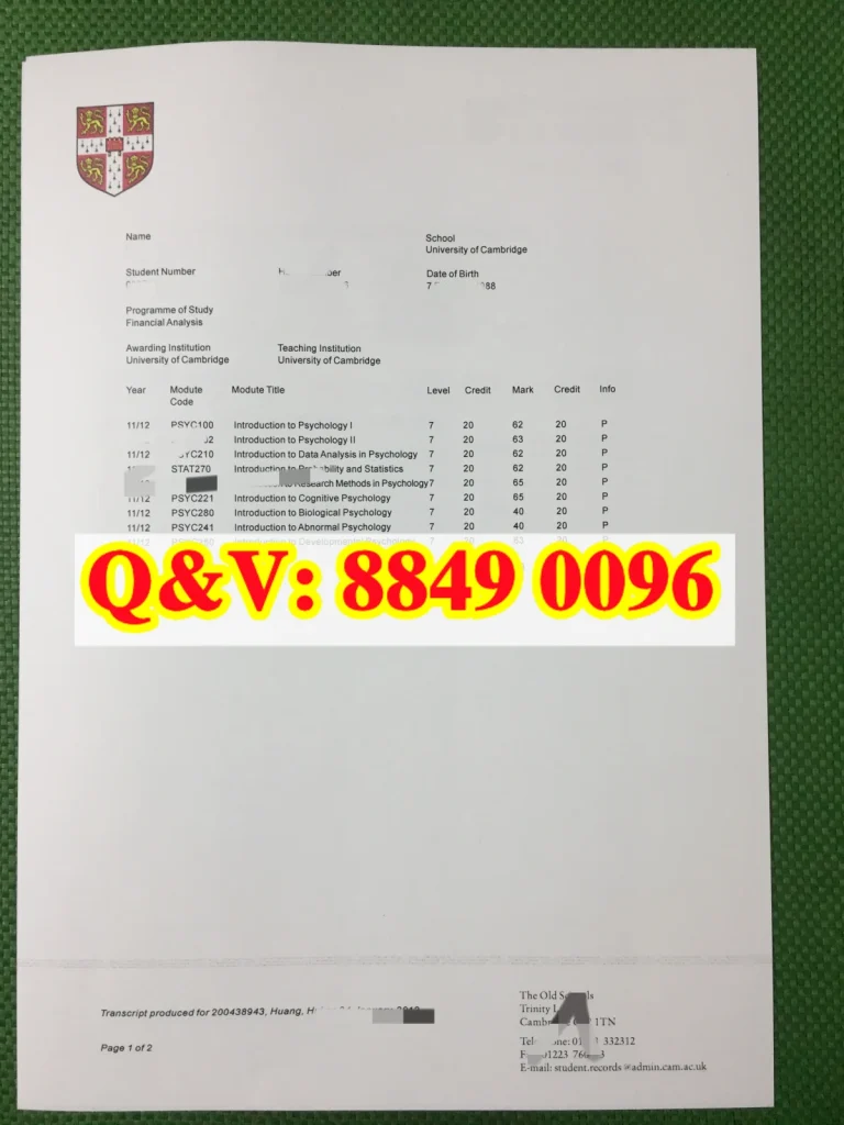 英国剑桥大学成绩单模版,University of Cambridge Official Academic Transcript