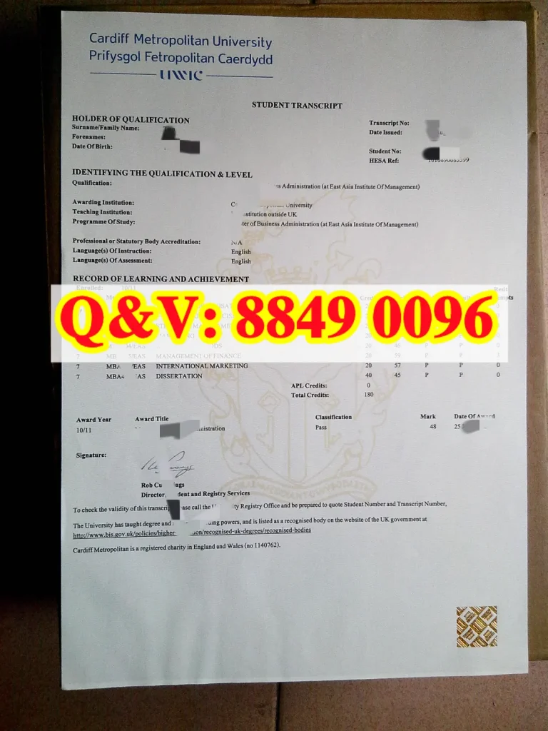 迪夫城市大学MBA成绩单,Cardiff Metropolitan University 硕士成绩单,东亚管理学院海外 MBA,英国境外合作硕士学历认证
