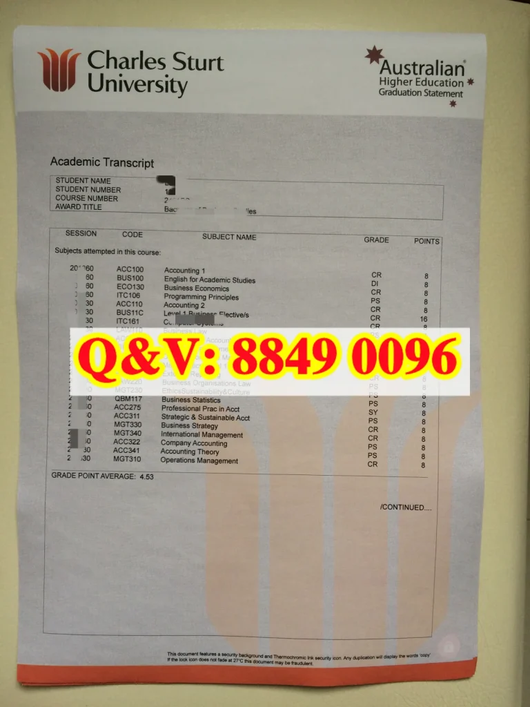 澳洲查尔斯特大学成绩单样本，charles sturt university transcript