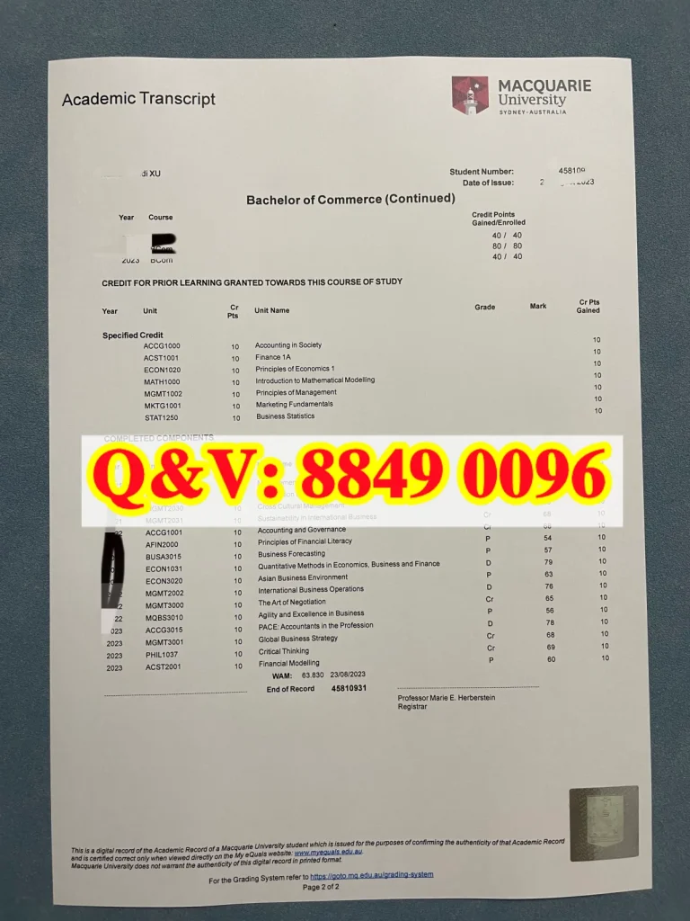 麦考瑞大学商学学士成绩单,Macquarie University Bachelor‑of‑Commerce International‑Business Official Academic‑Transcript,麦考瑞大学成绩单样本