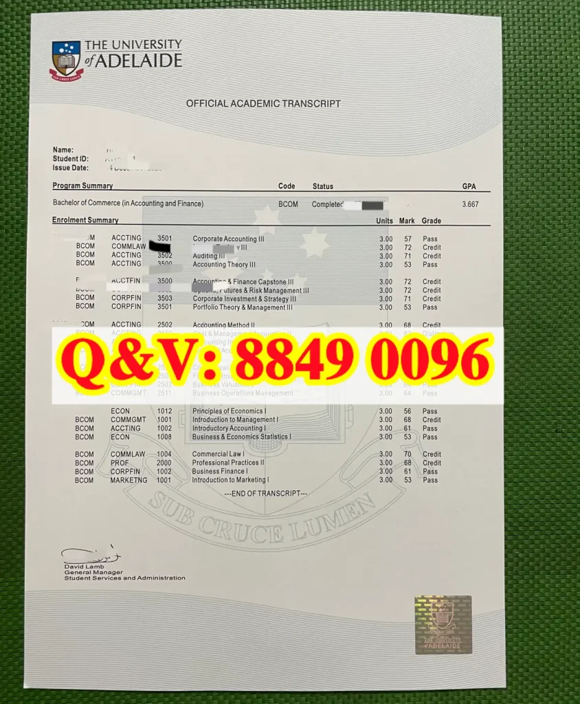 阿德莱德大学成绩单,Adelaide University transcript