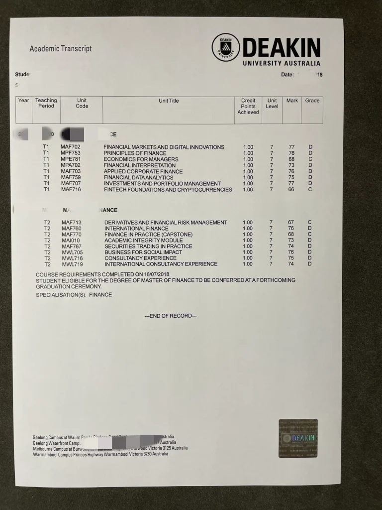 澳洲迪肯大学硕士成绩单,Deakin University transcript