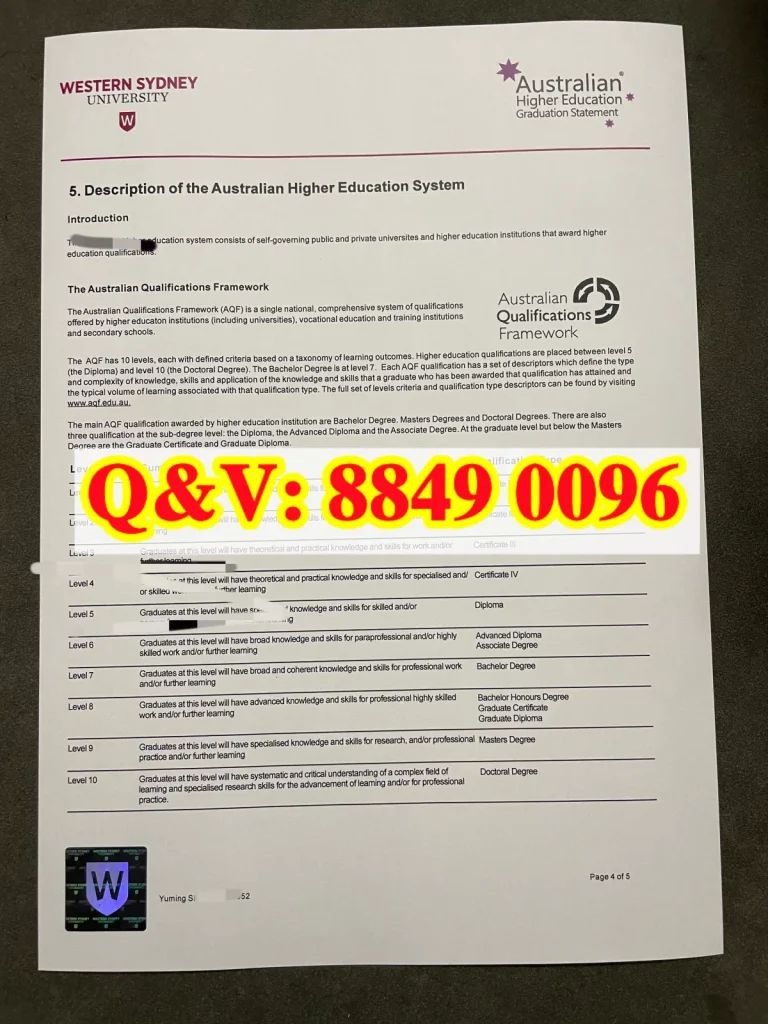 西悉尼大学AQF澳洲学历框架毕业声明|澳洲西悉尼大学整套毕业档案