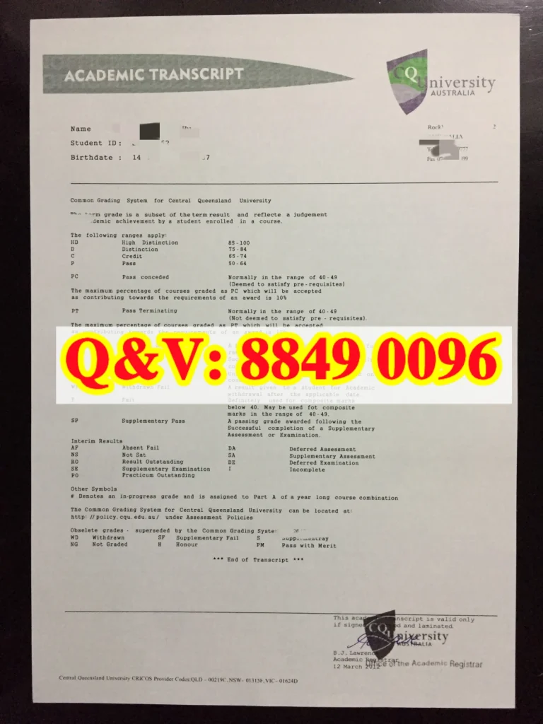 澳洲中央昆士兰大学成绩单样本,Central Queensland University Academic Transcript Replacement