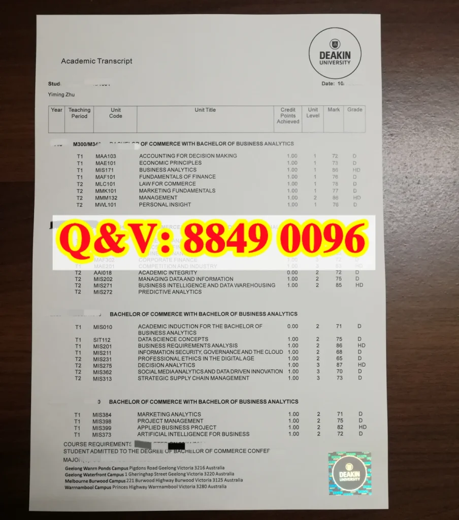 澳洲迪肯大学成绩单样本,Deakin University transcript