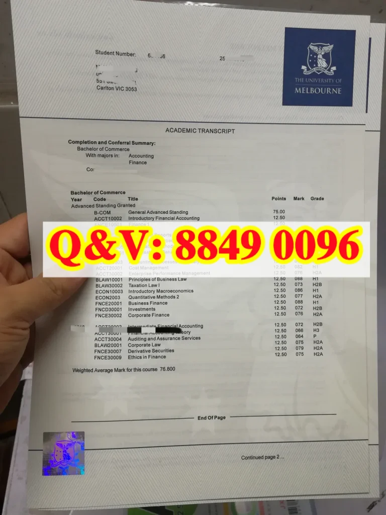 澳大利亚墨尔本大学商学士学位学术成绩单
