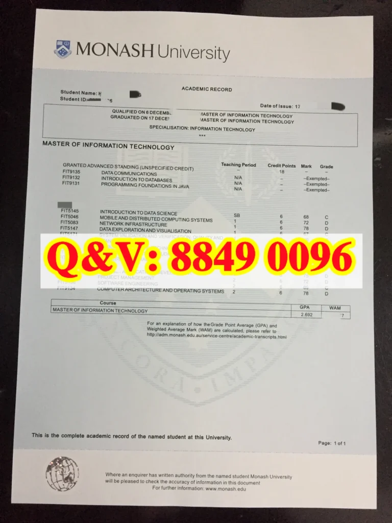 莫纳什大学信息技术硕士官方成绩单,Monash University Master of Information Technology Academic Record