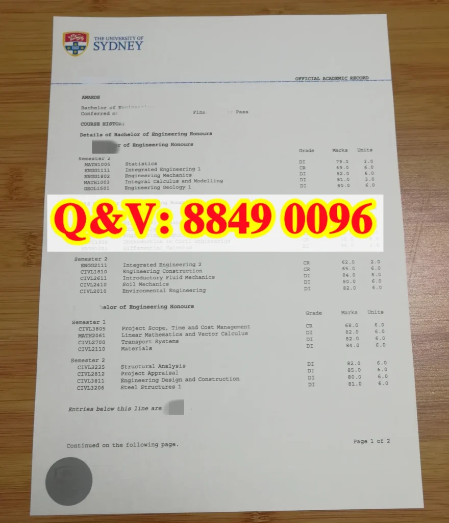 悉尼大学成绩单,The University of Sydney transcript, 工程荣誉学士成绩单,澳洲土木工程本科,澳洲留学生落户材料