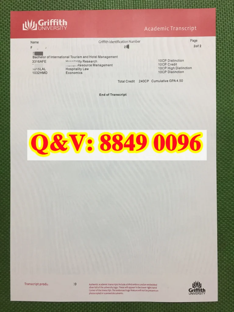 格里菲斯大学国际旅游与酒店管理本科成绩单 Griffith University Bachelor of International Tourism and Hotel Management Academic Transcript