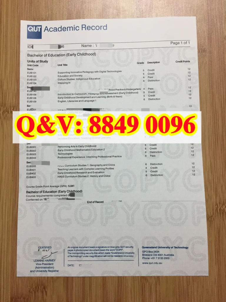 澳洲昆士兰科技大学成绩单Queensland University of Technology transcript,昆士兰科技大学学前教育教育学本科成绩单