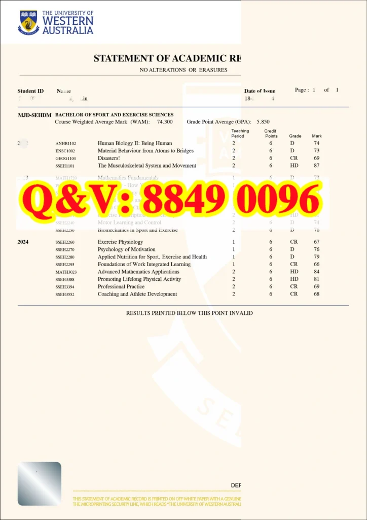 西澳大学成绩单电子件|University of Western Australia transcript
