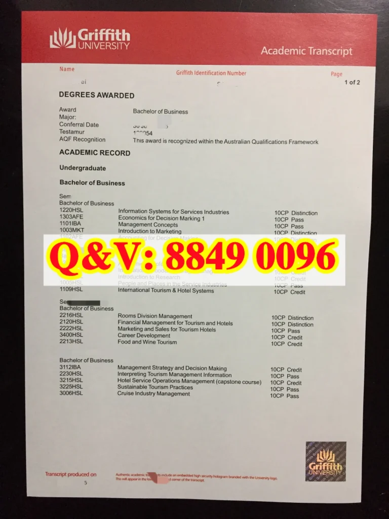 澳大利亚格里菲斯大学商务学士（酒店管理方向）官方成绩单 Griffith University Bachelor of Business (Hotel Management) Academic Transcript