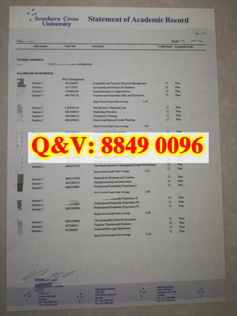 Southern Cross University transcript,澳洲南十字星大学成绩单