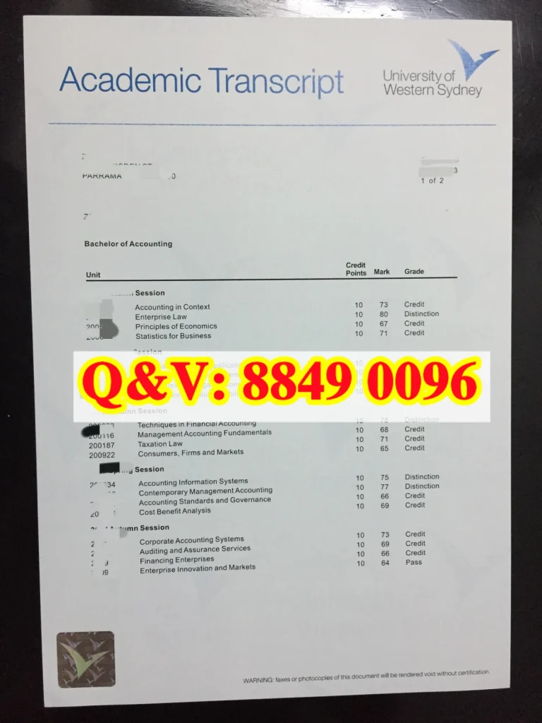 澳大利亚西悉尼大学会计学本科官方成绩单 University of Western Sydney Bachelor of Accounting Academic Transcript