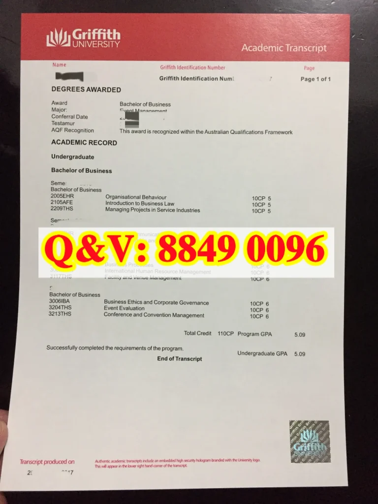 澳大利亚格里菲斯大学会展管理商务本科官方成绩单 Griffith University Bachelor of Business‑Event Management Academic Transcript