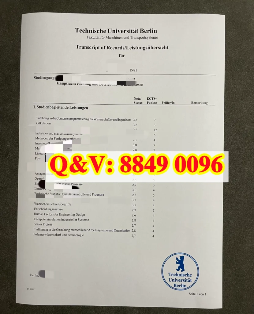 柏林工业大学学业成绩总览,柏林工业大学成绩单