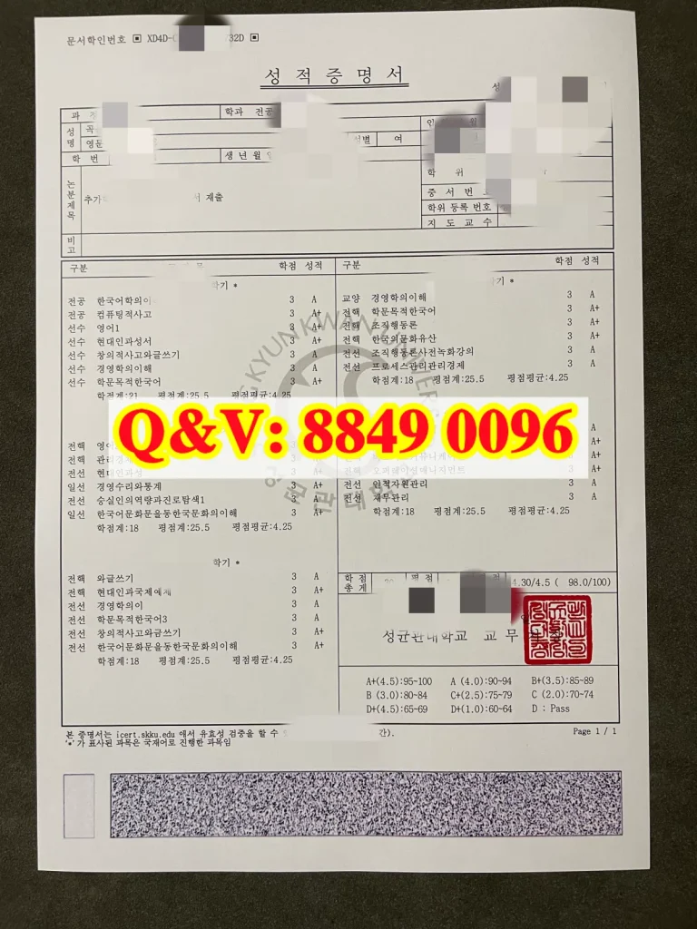 韩国成均馆大学成绩单样本，韩国大学成绩单